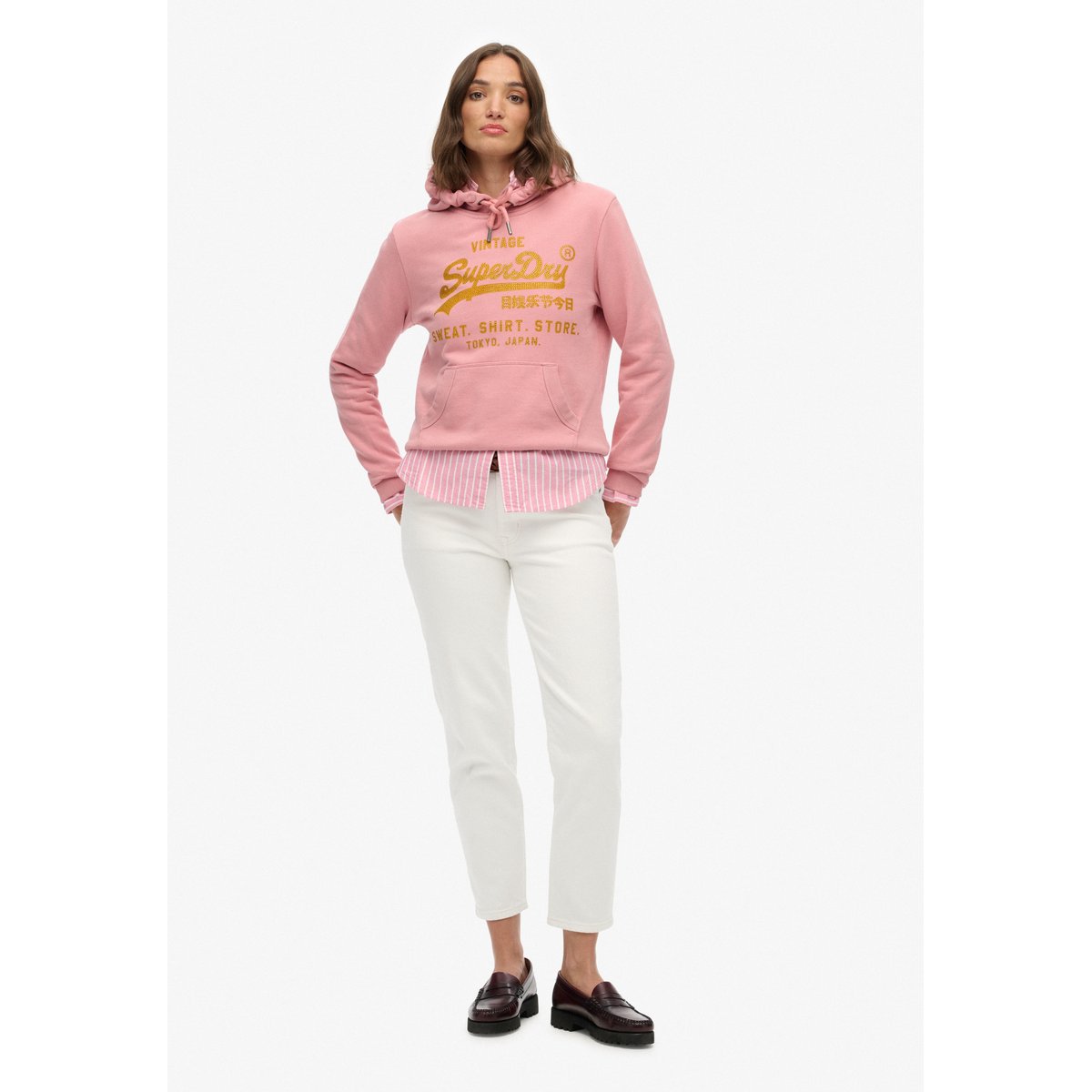 Sweat à capuche décontracté avec logo fantaisie Vintage rose fumé, SUPERDRY