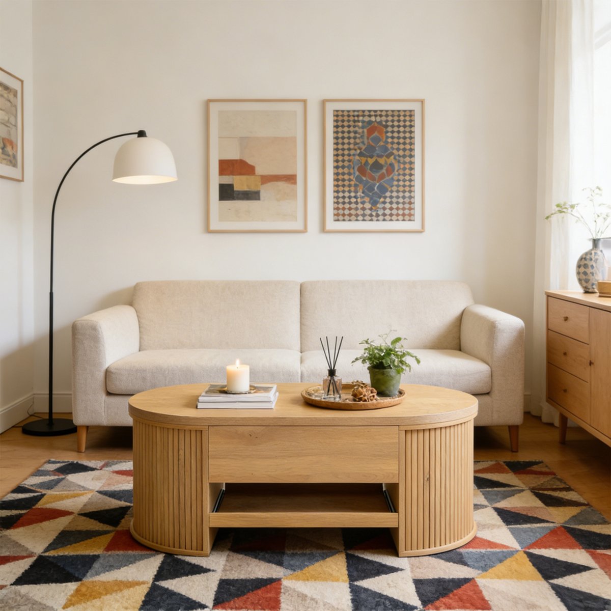 Table basse relevable panneaux courbes, CHESTNUT oak, MEUBLES COSY