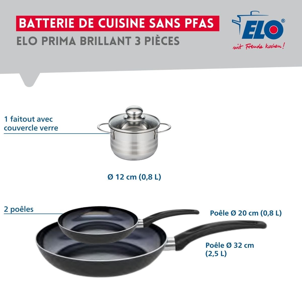 Batterie 2 poêles 20/32cm + 1 faitout 12cm PRIMA BRILLANT noir, ELO