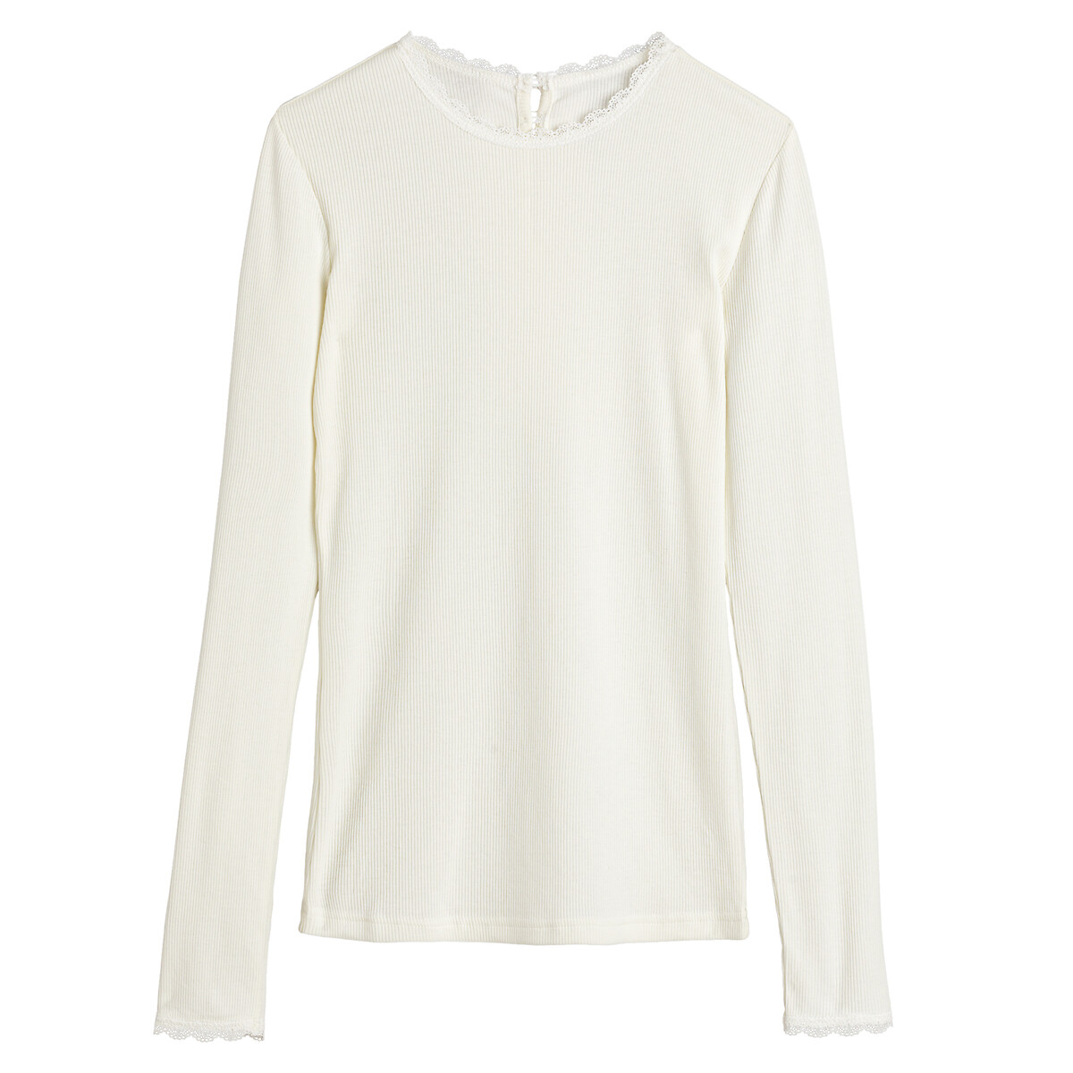 T-shirt com gola redonda, detalhes em renda marfim, LA REDOUTE COLLECTIONS