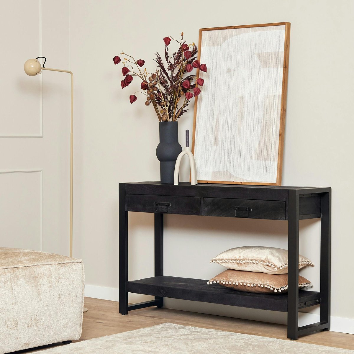Console 2 tiroirs bois et métal MILORA noir, PIER IMPORT