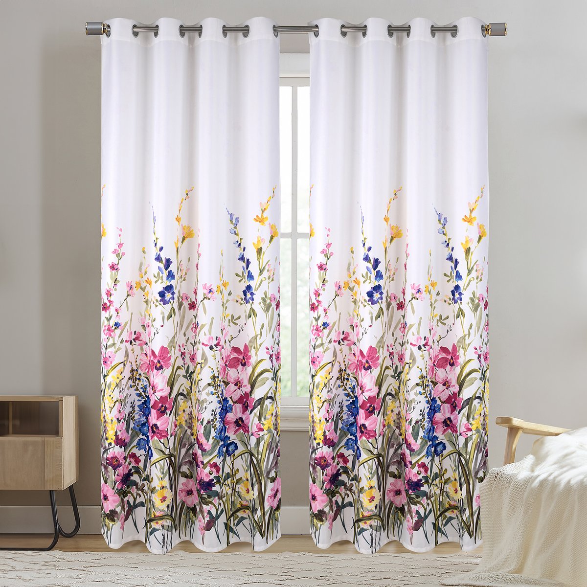 Paire de Rideaux occultants motif floral blanc, HOME MAISON