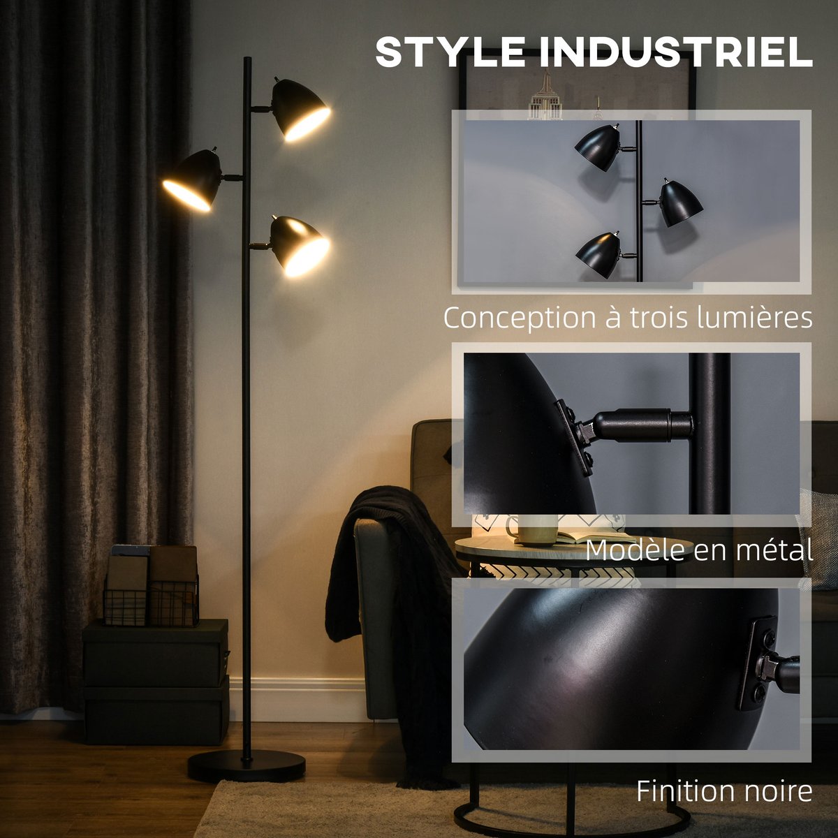 Lampadaire Acier Noir noir, HOMCOM