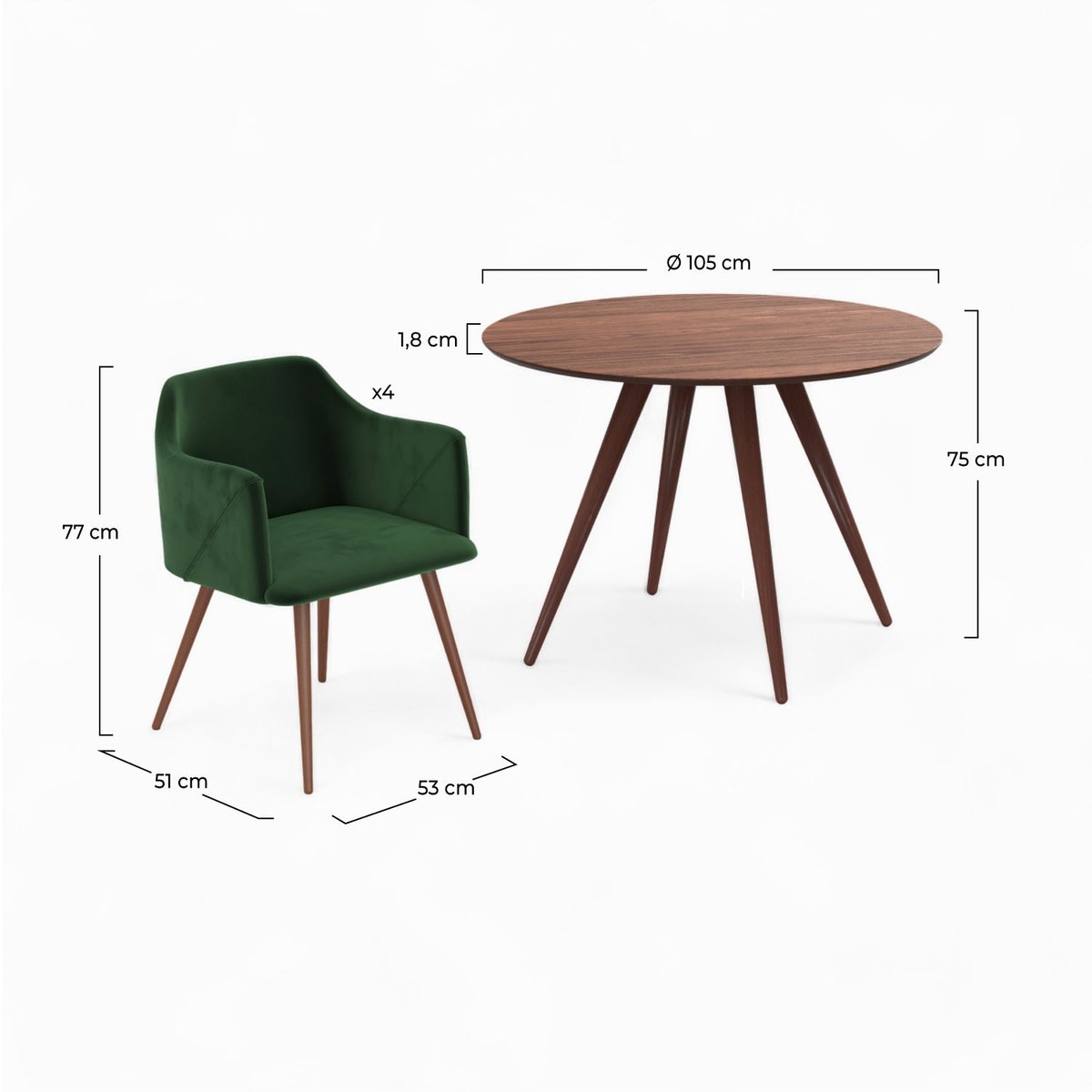 Table et chaises 4 personnes en velours - LIWA marron et vert foncé, MAISON PAVANE