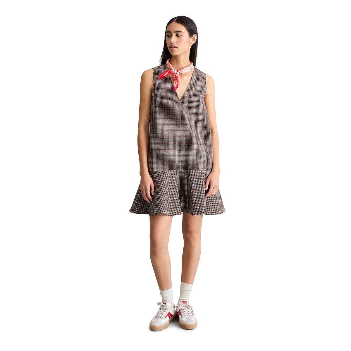 Robe à volants à carreaux regular en mélange coton organique-lin marron foncé, MARC O’POLO DENIM