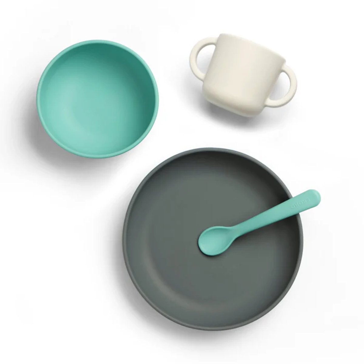 Coffret Repas bébé 4 pièces en silicone BAMBINO bleu lagon, EKOBO