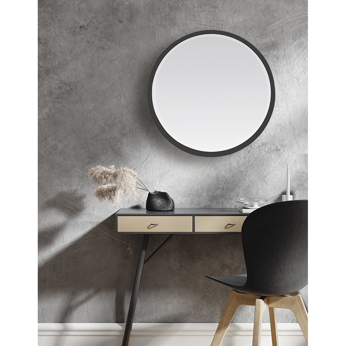 Miroir biseauté rond à bords larges 54x54x4cm noir, EMDE