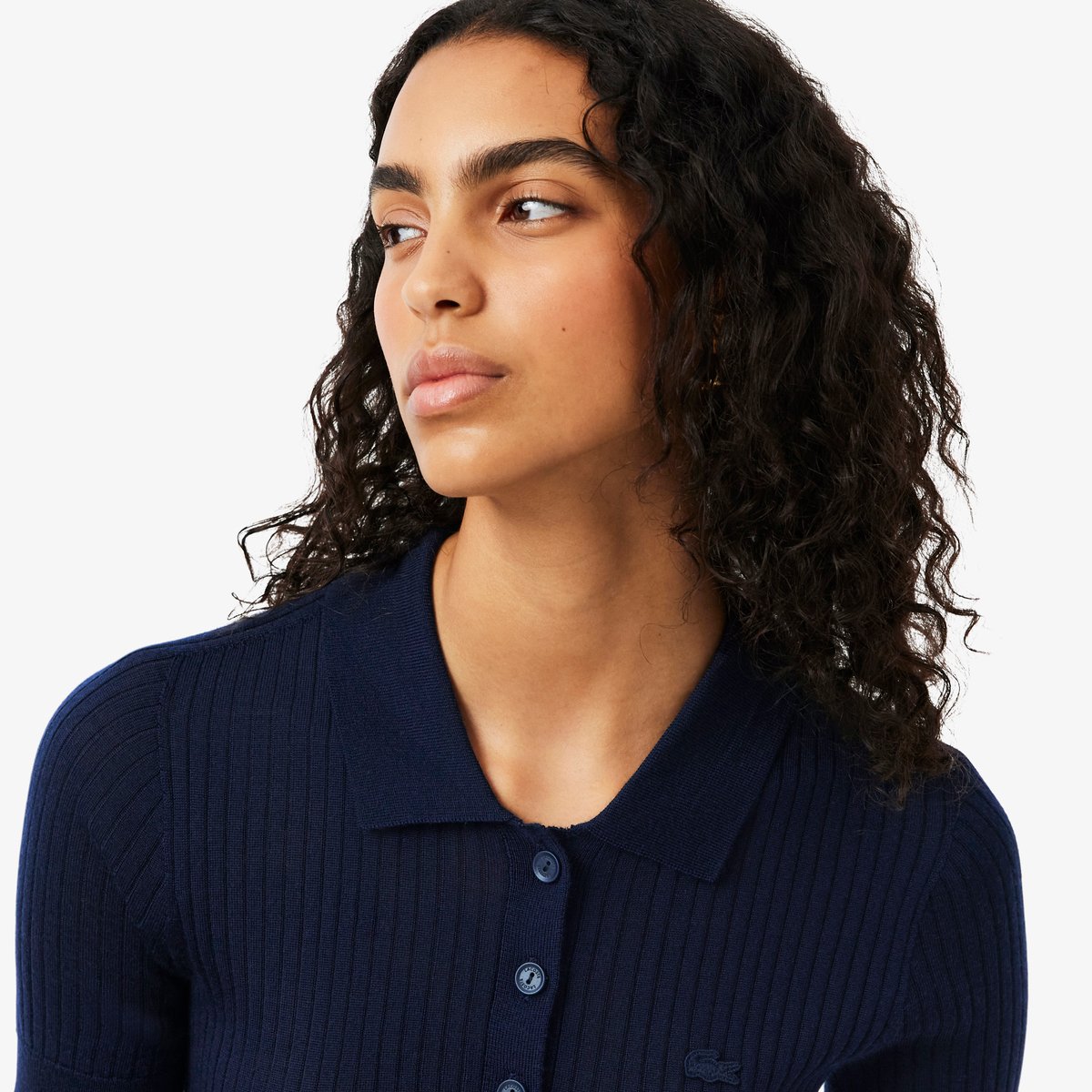 Pull col polo laine mérinos maille 3D bleu-166, LACOSTE