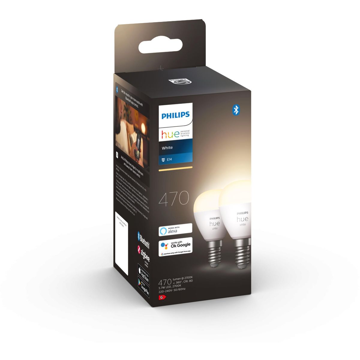 Ampoule LED connectée E14 White Sphérique pack de 2 blanc, PHILIPS HUE