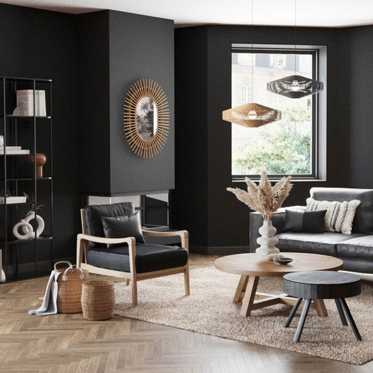 Fauteuil cuir pieds frêne naturel noir, ZAGO