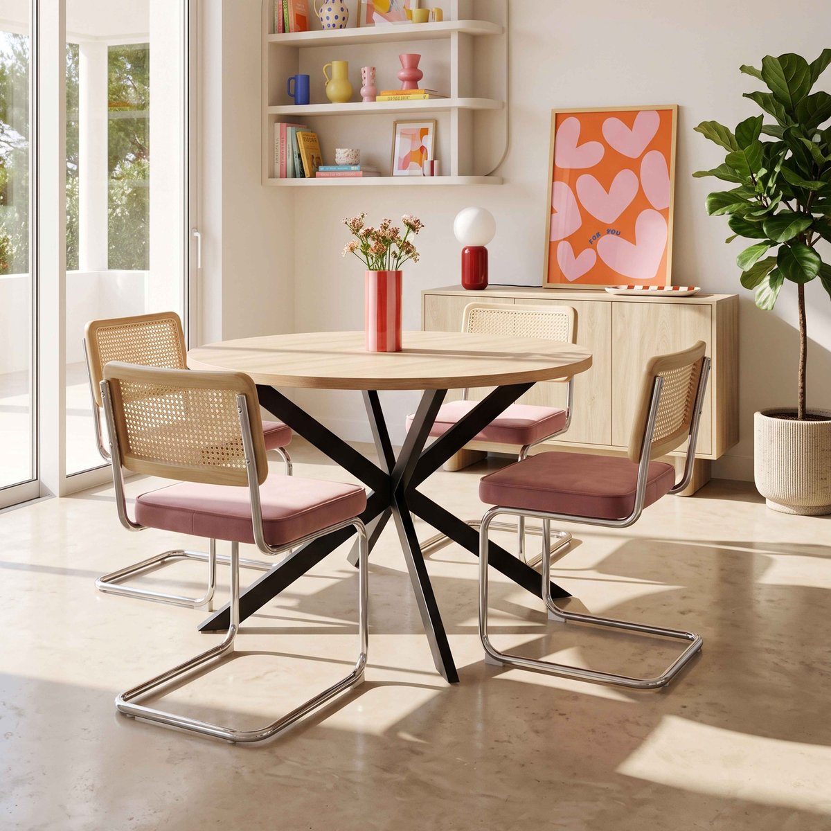 Table à manger ronde 120 cm en feuille de papier MDF, MARCIA marron, OVIALA