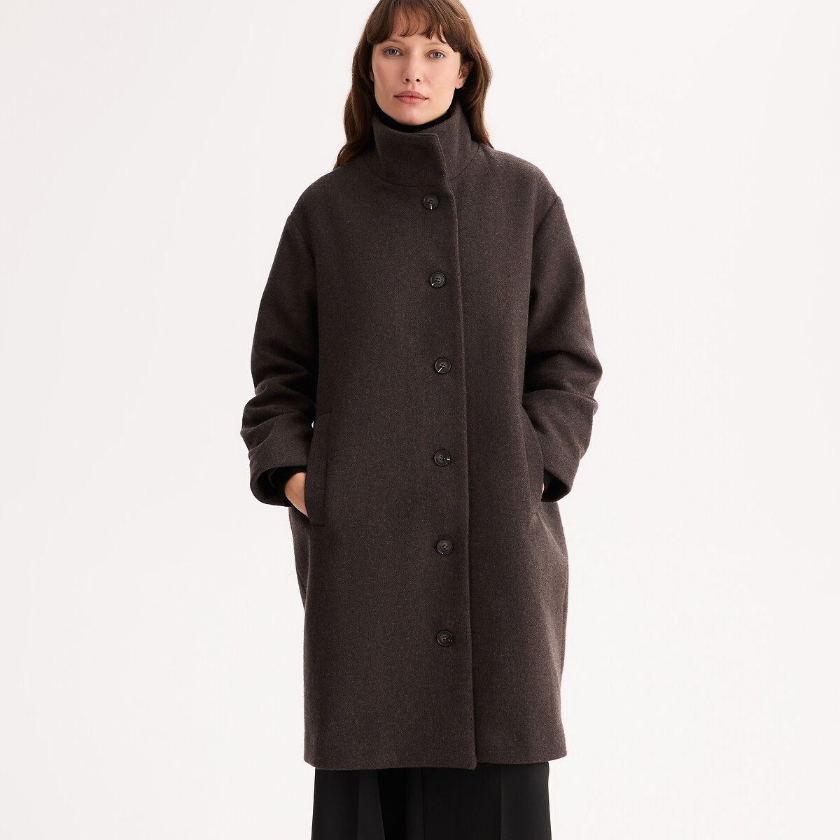 Long Funnel Neck Coat with Button Fastening brown marl, ANNE WEYBURN