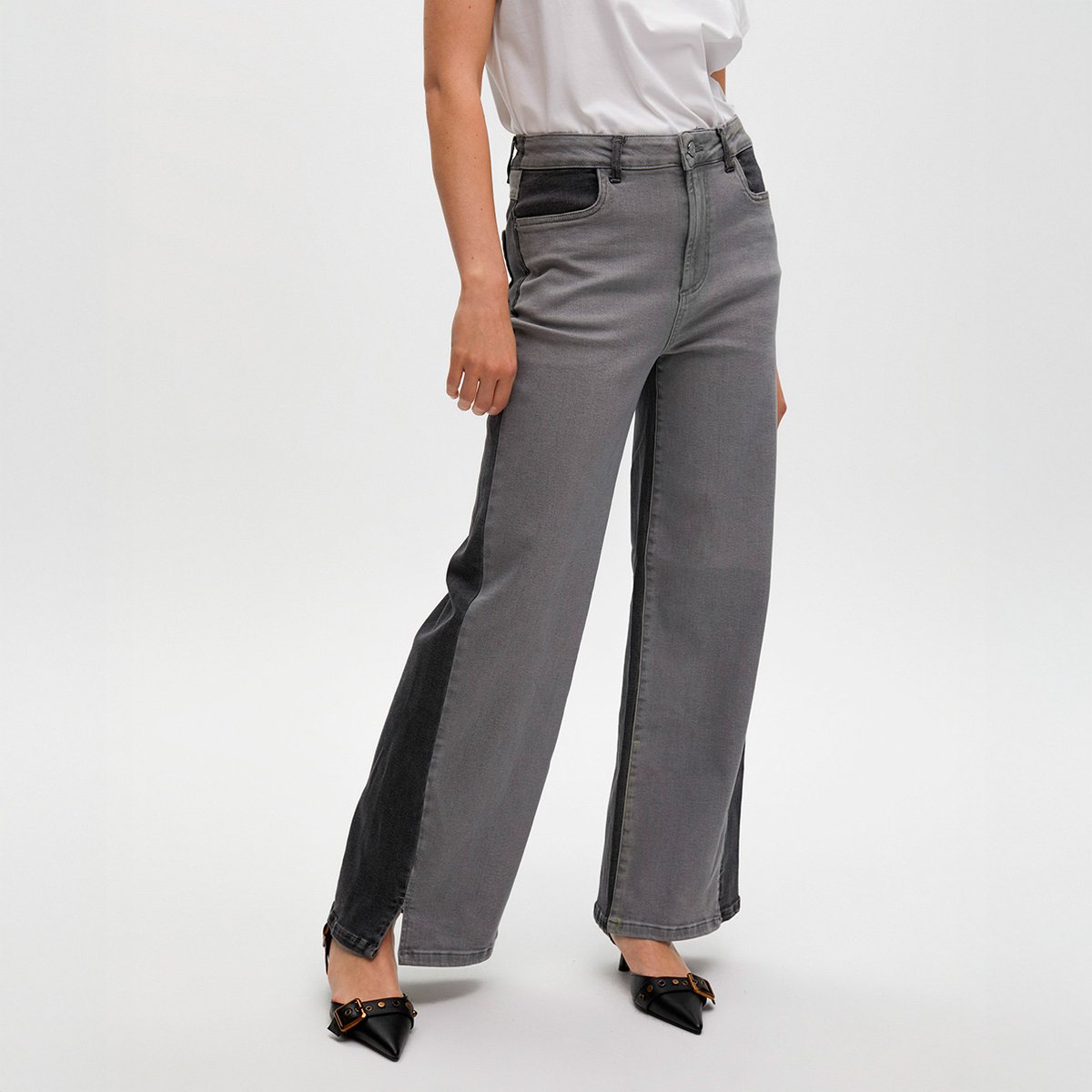 Jeans large bicolore gris clair, LOLA CASADEMUNT