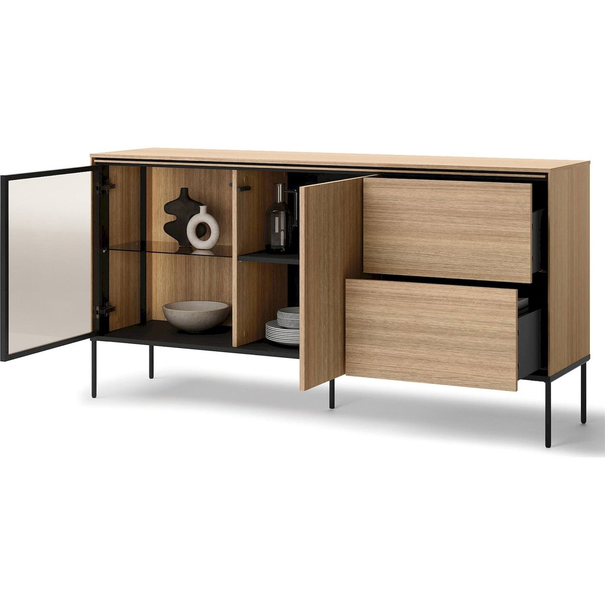 Buffet vitrine bois avec LED VISSO chêne linéaire et noir, RECOLLECTION
