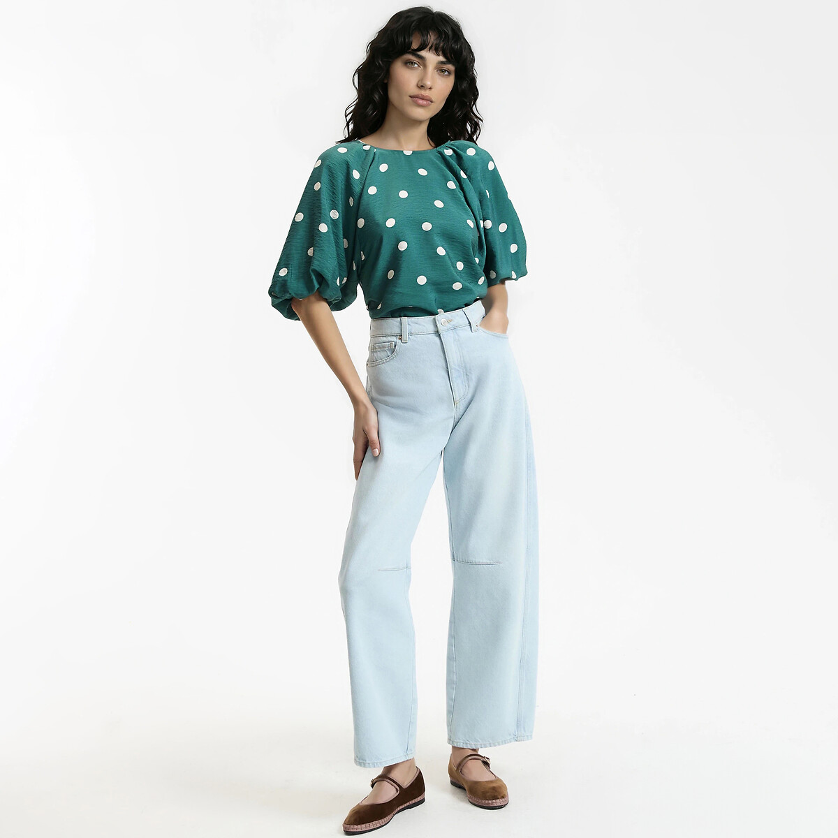 Blouse col rond manches bouffantes à pois imprimé pois fond vert, LA REDOUTE COLLECTIONS