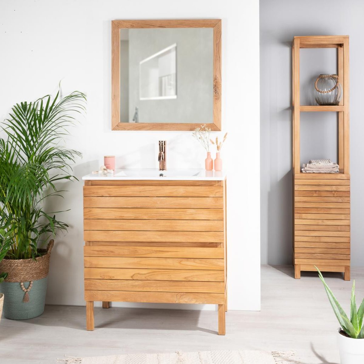 Meuble salle de bain en teck et céramique 80 cm TONI crème, WANDA COLLECTION