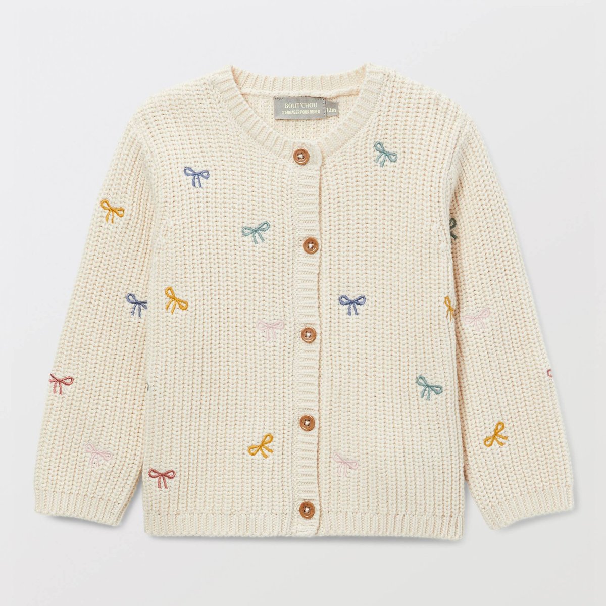 Cardigan tricot brodé en coton naturel, BOUT'CHOU