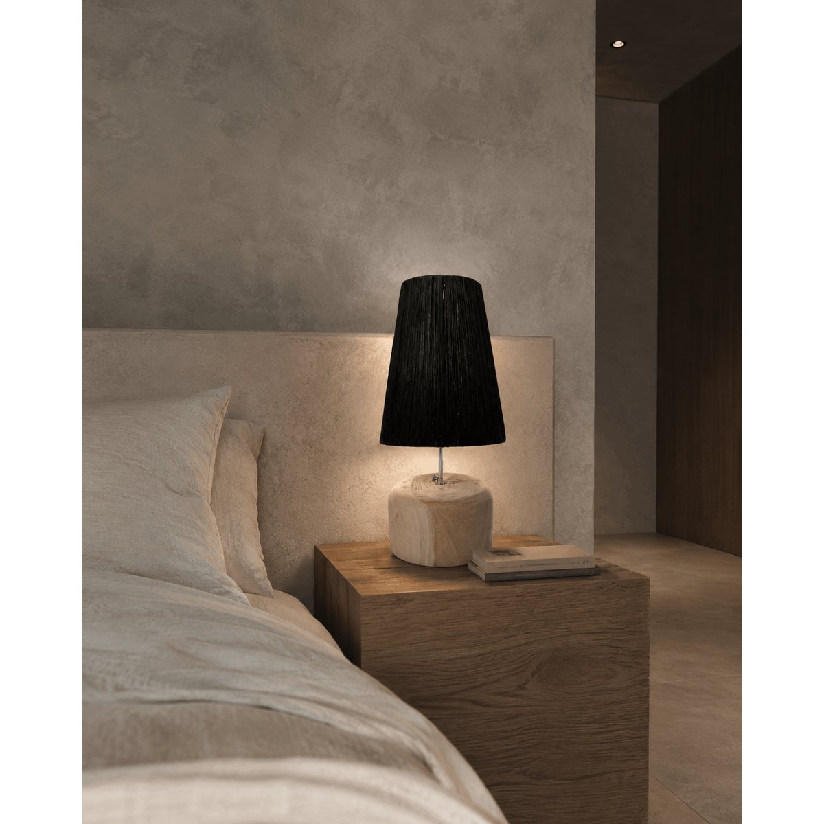Lampe de table en teck et raphia RAFFIA noir beige, BAZAR BIZAR