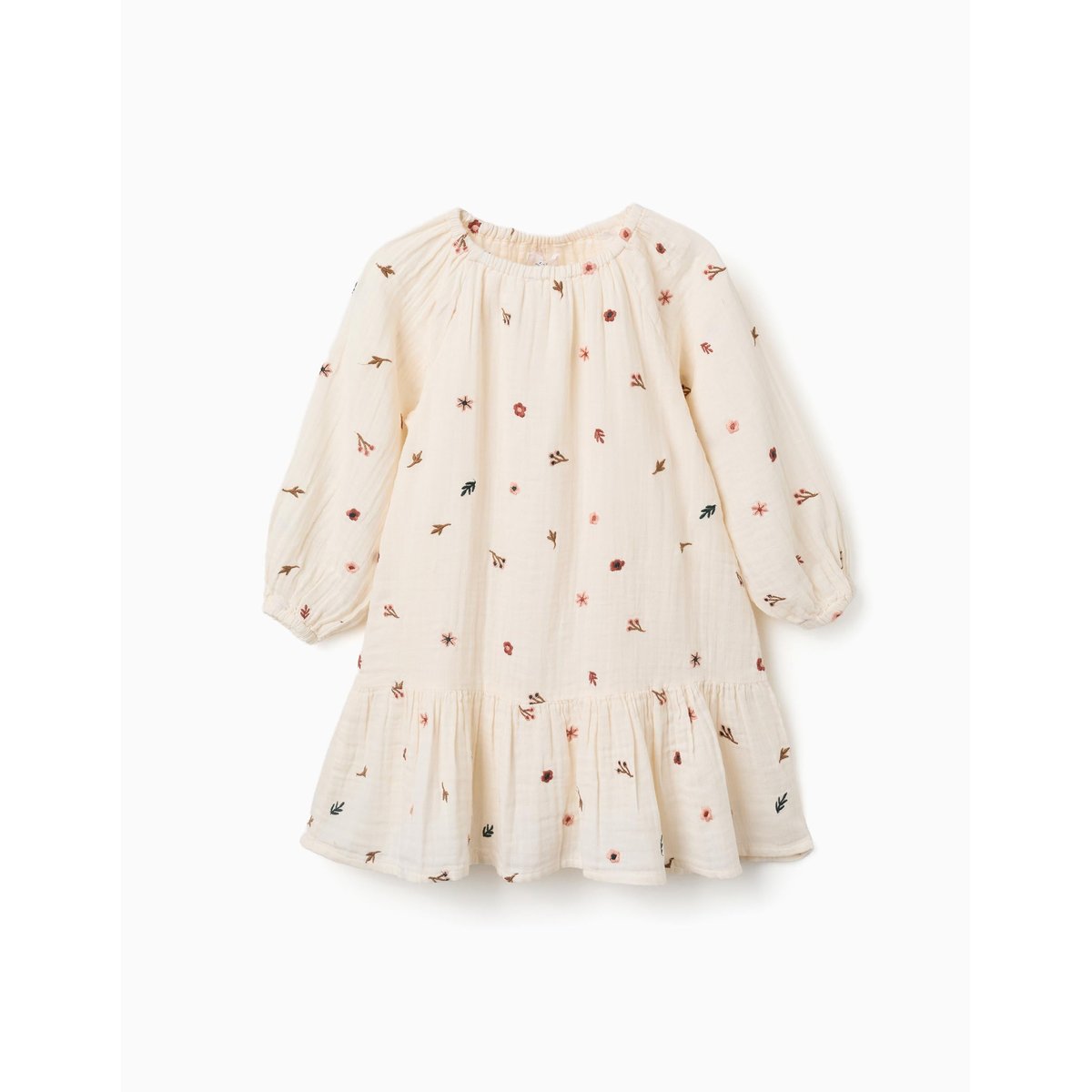 Robe en coton à manches longues avec broderie florale blanc, ZIPPY