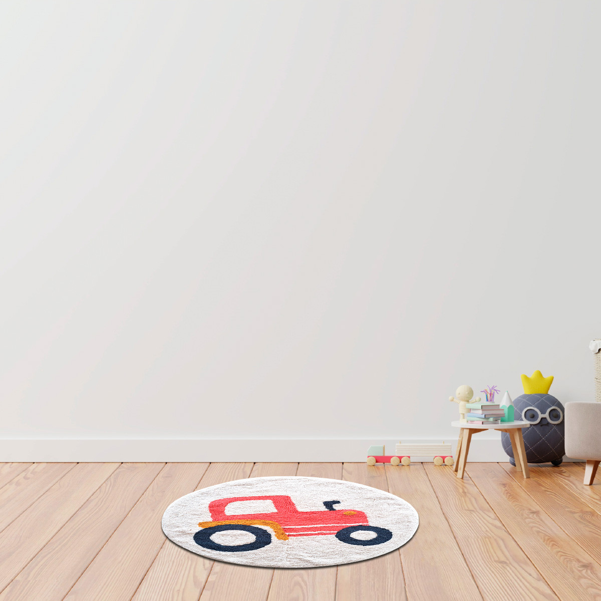 Tapis enfant Tracteur rond en coton tufté VEHICULES blanc, FUTURE HOME