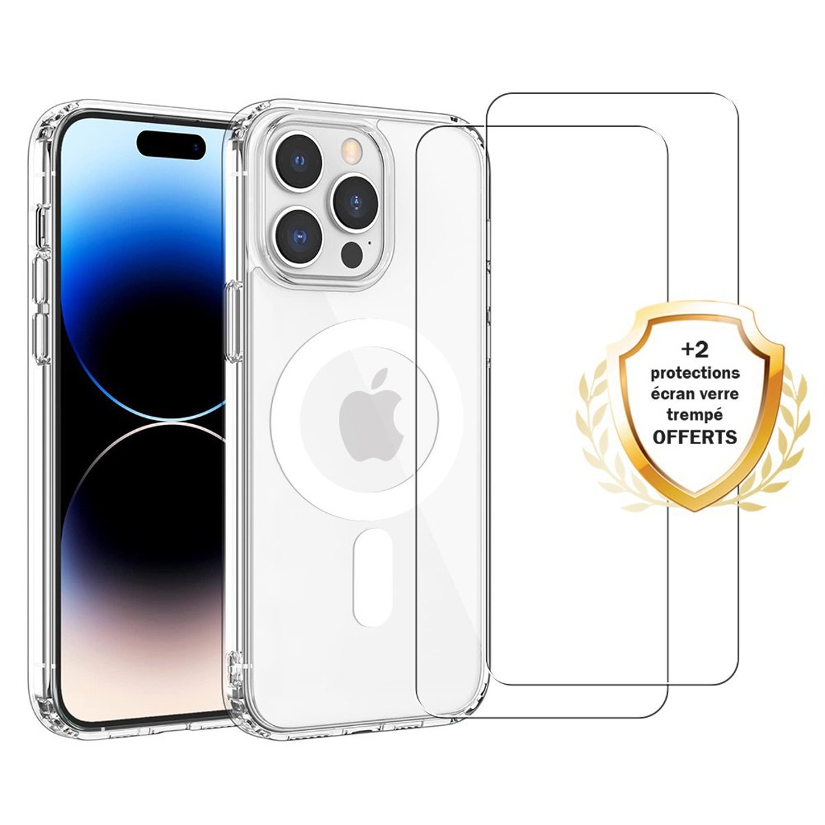 Coque Anti-choc compatible Magsafe pour iPhone 15 Pro Transparente + 2 vitres transparent, EVETANE