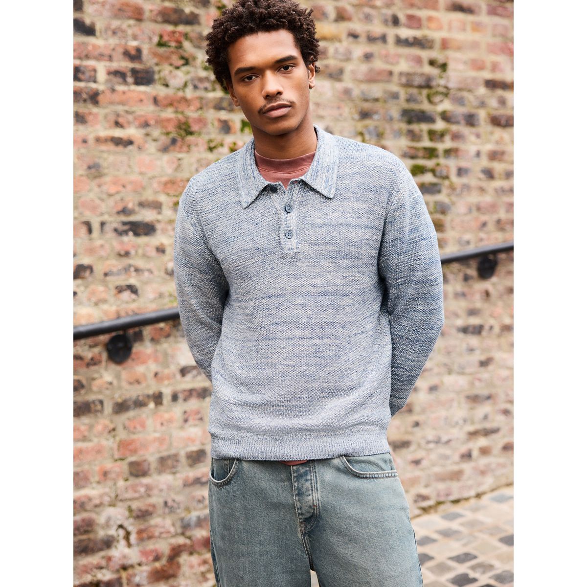 Polo torsadé coton à manches longues bleu denim marl, NEXT