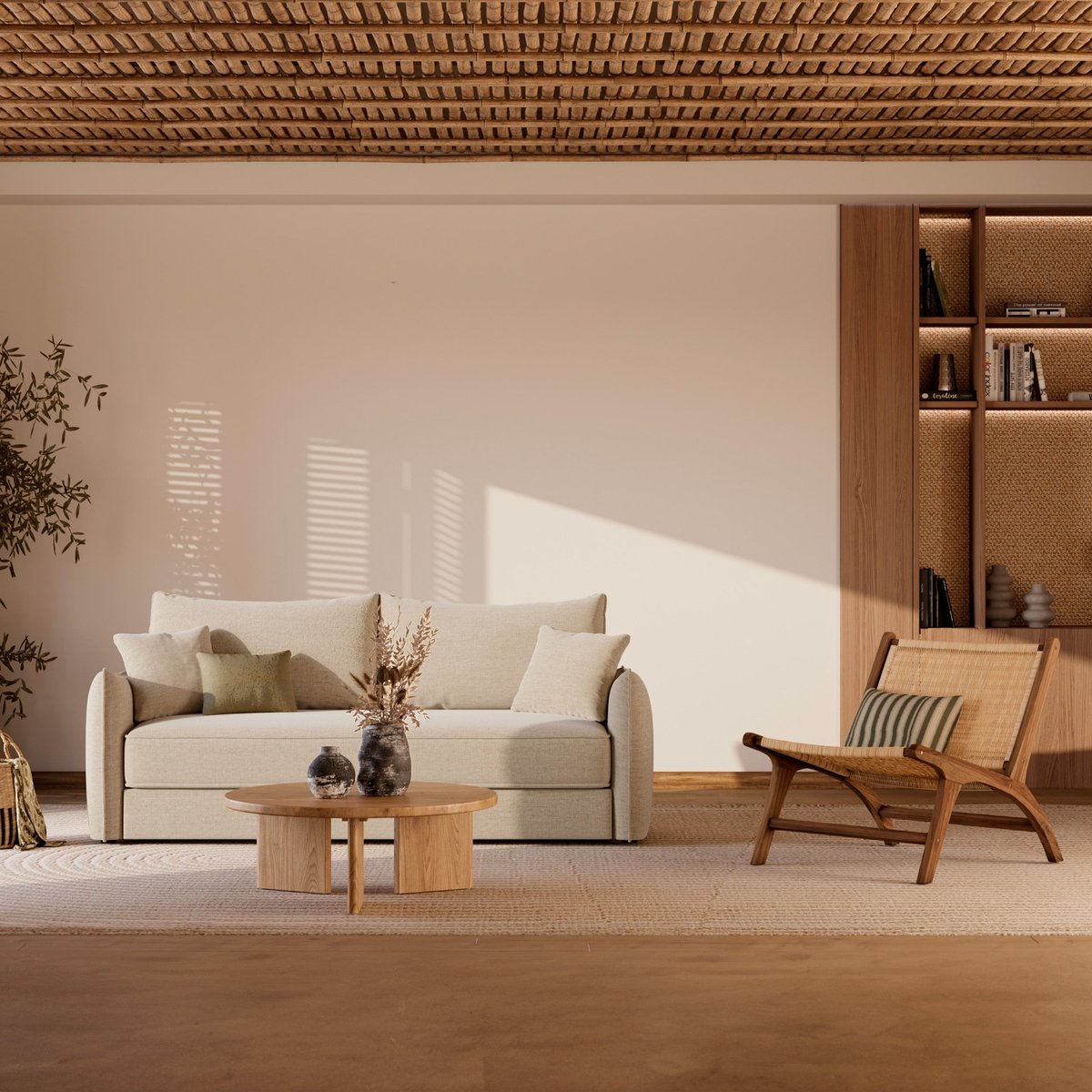 Canapé convertible 3 places en tissu effet - CÉLESTE beige, MAISON PAVANE