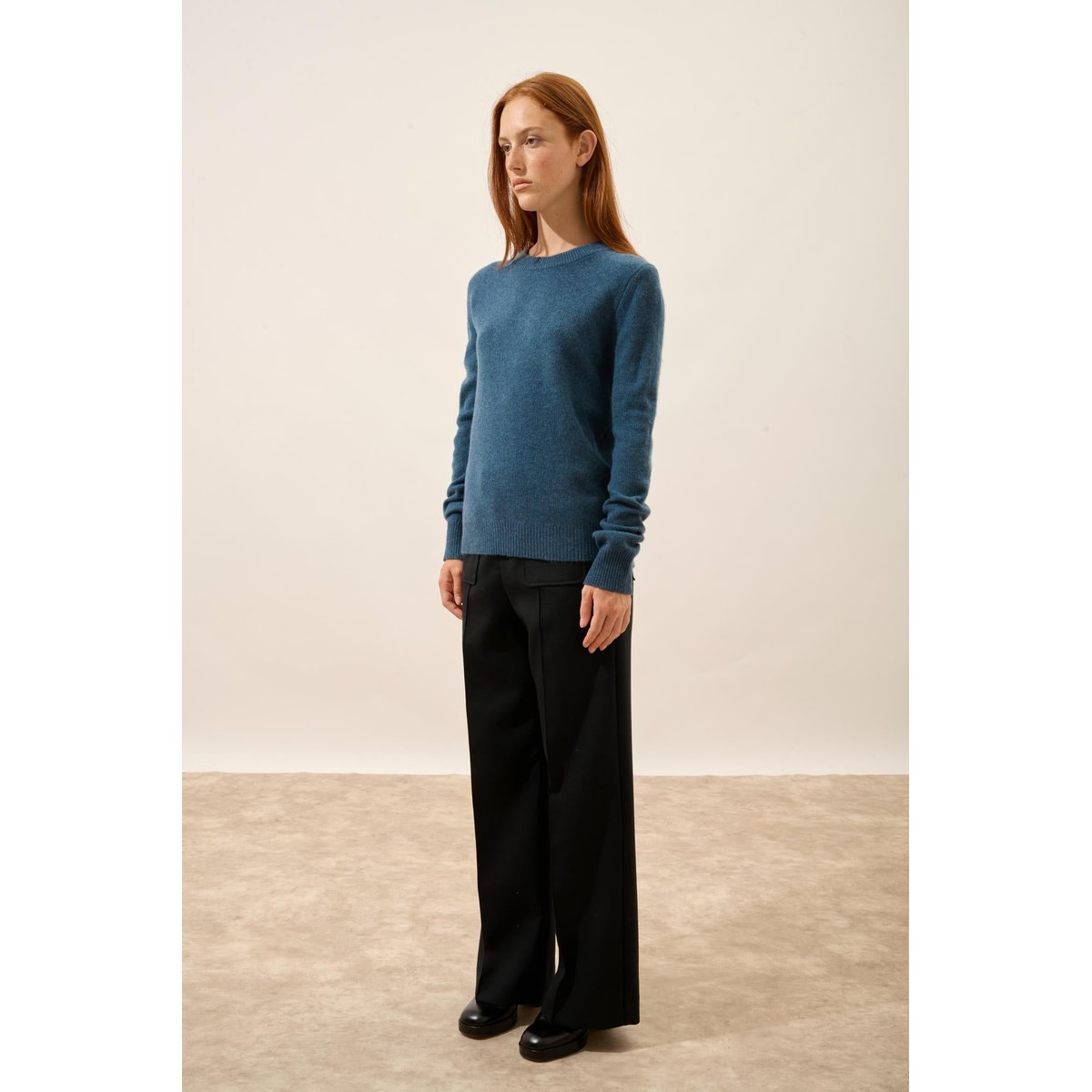 Pull Col Rond 4 Fils Vert Canard Chiné Lexini bleu foncé, JUST CASHMERE