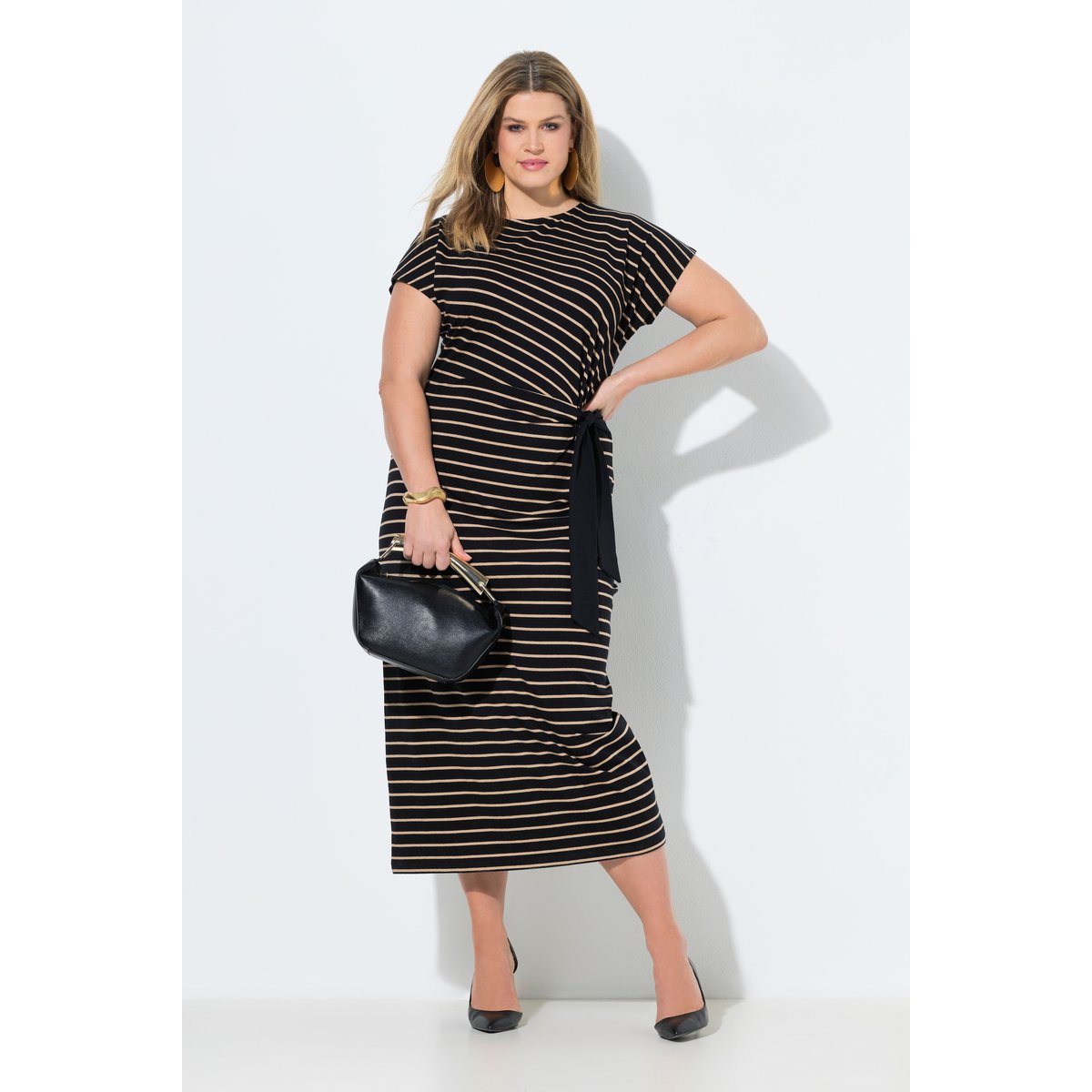 Robe longue, rayures, coupe slim, col rond noir, ULLA POPKEN
