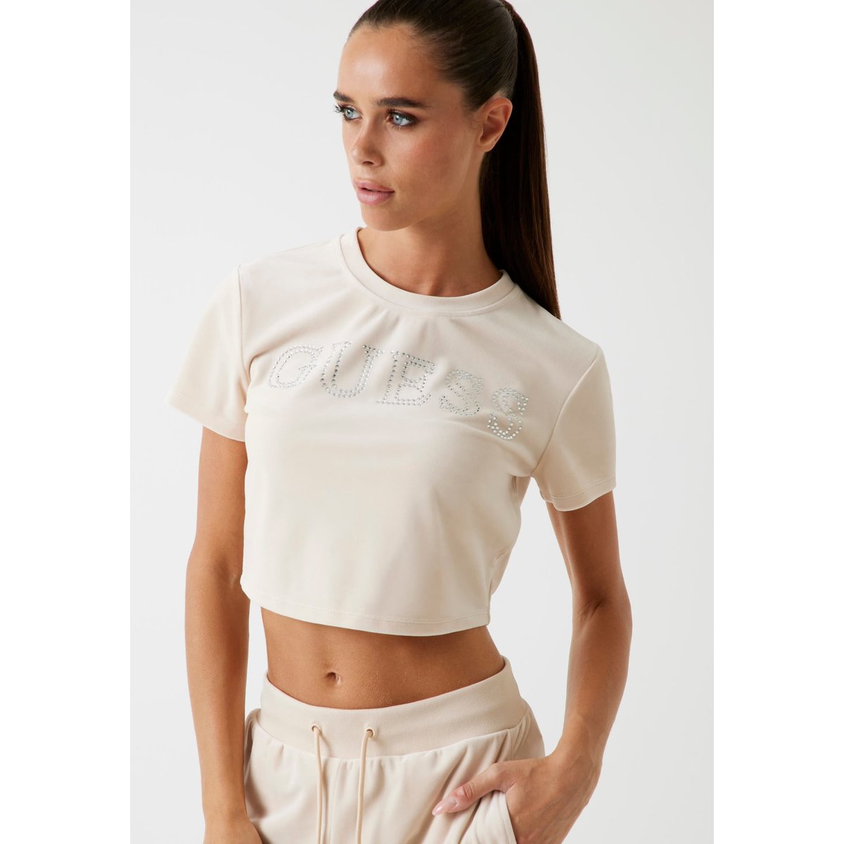T-Shirt Crop Velours beige, GUESS