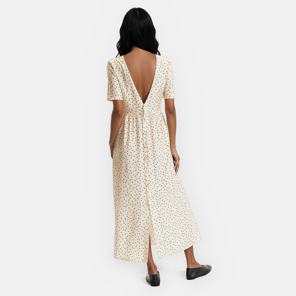 Robe longue col rond manches courtes à pois imprimé pois fond écru, LA REDOUTE COLLECTIONS