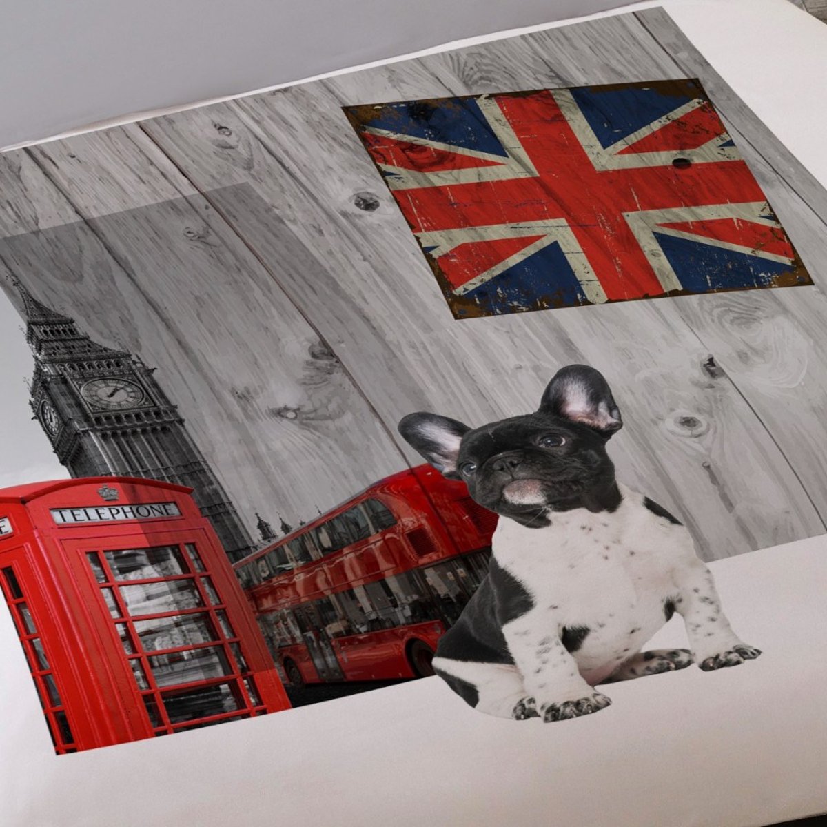 Housse de couette 240x220 DOG IN LONDON + 2 taies 100% coton blanc, DECORATIE