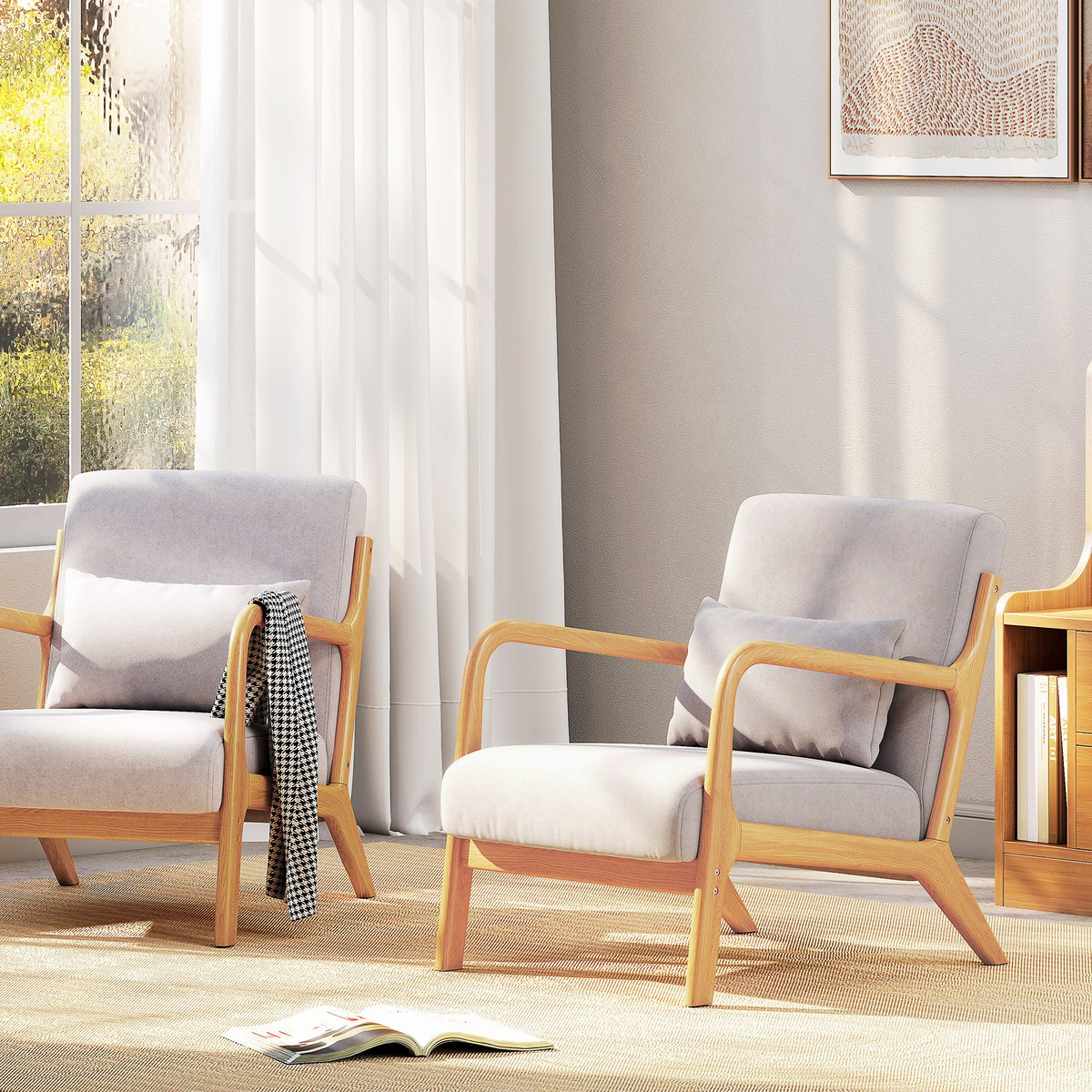 Accent Chair velours (100 % polyester) Gris gris, bois naturel, HOMCOM