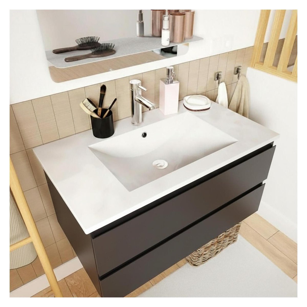 Meuble simple vasque 80cm décor chêne avec robinet et miroir SORRENTO noir satiné, MOB IN