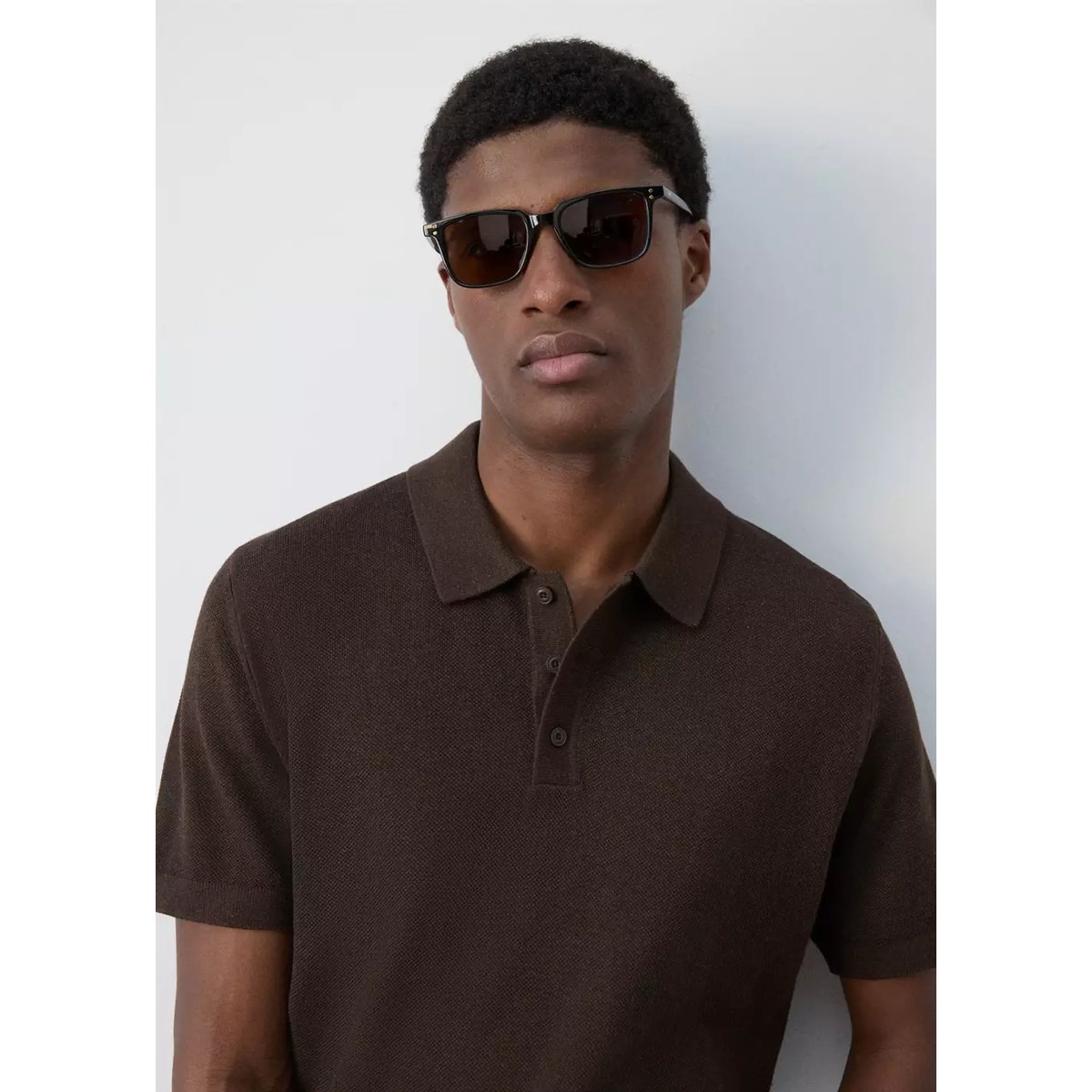Polo mélange coton maille fine marron, MANGO MAN