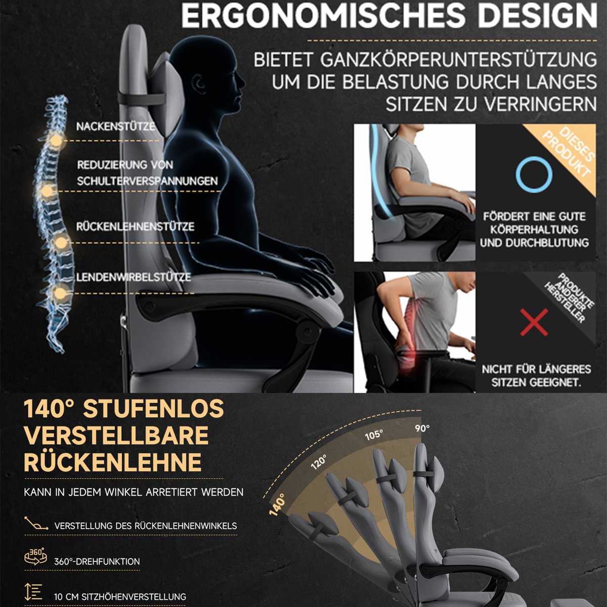 Chaise de bureau et jeu ergonomique avec repose-pieds escamotable et soutien lombaire, CURRIA gris, MEUBLES COSY