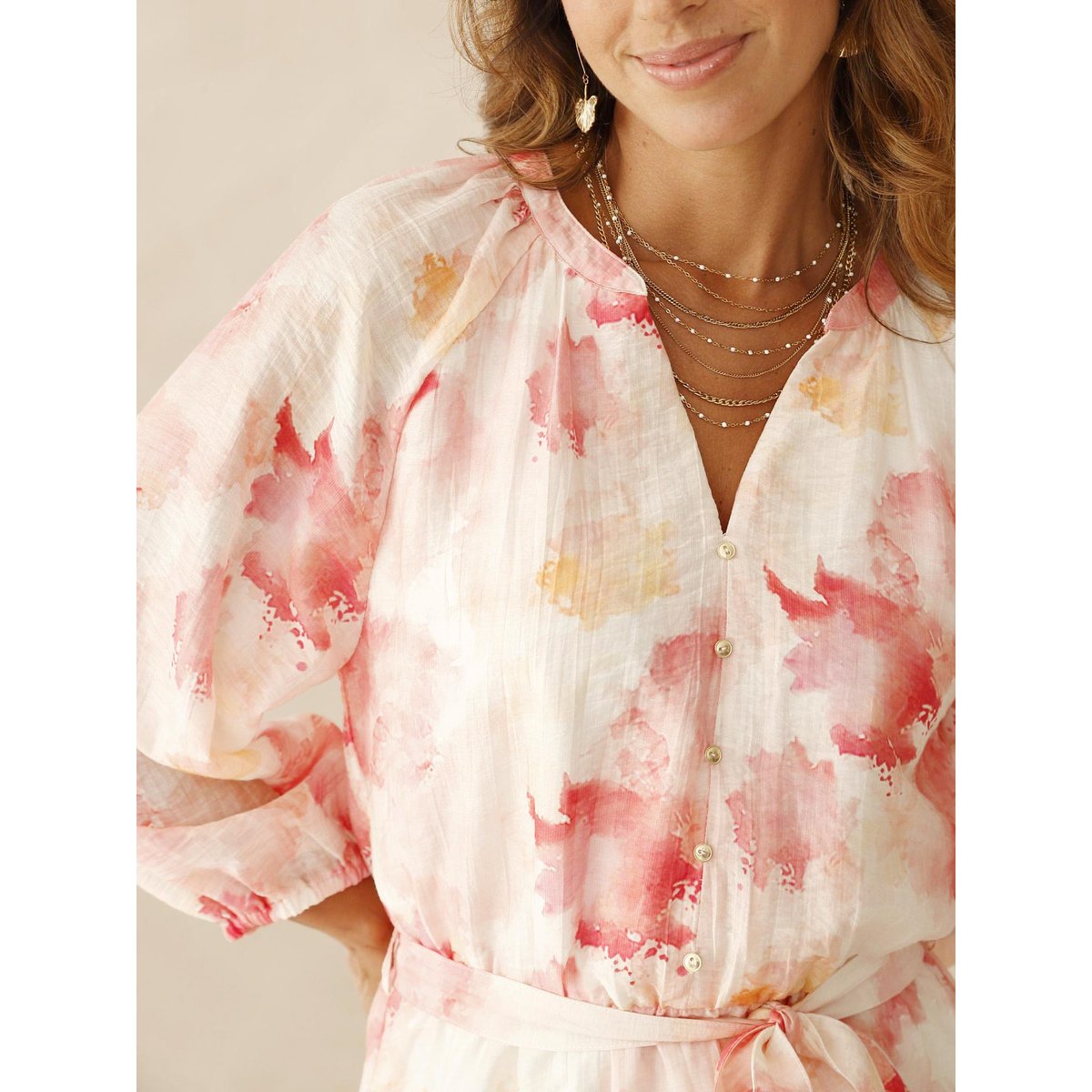 Robe longue taille élastiquée imprimé rose, DAXON
