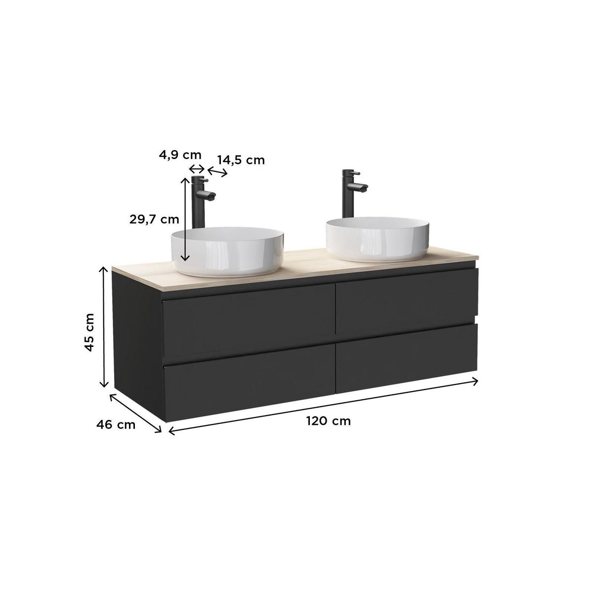 Ensemble double vasque suspendu avec vasques et robinets 120 cm SORRENTO noir satiné, MOB IN