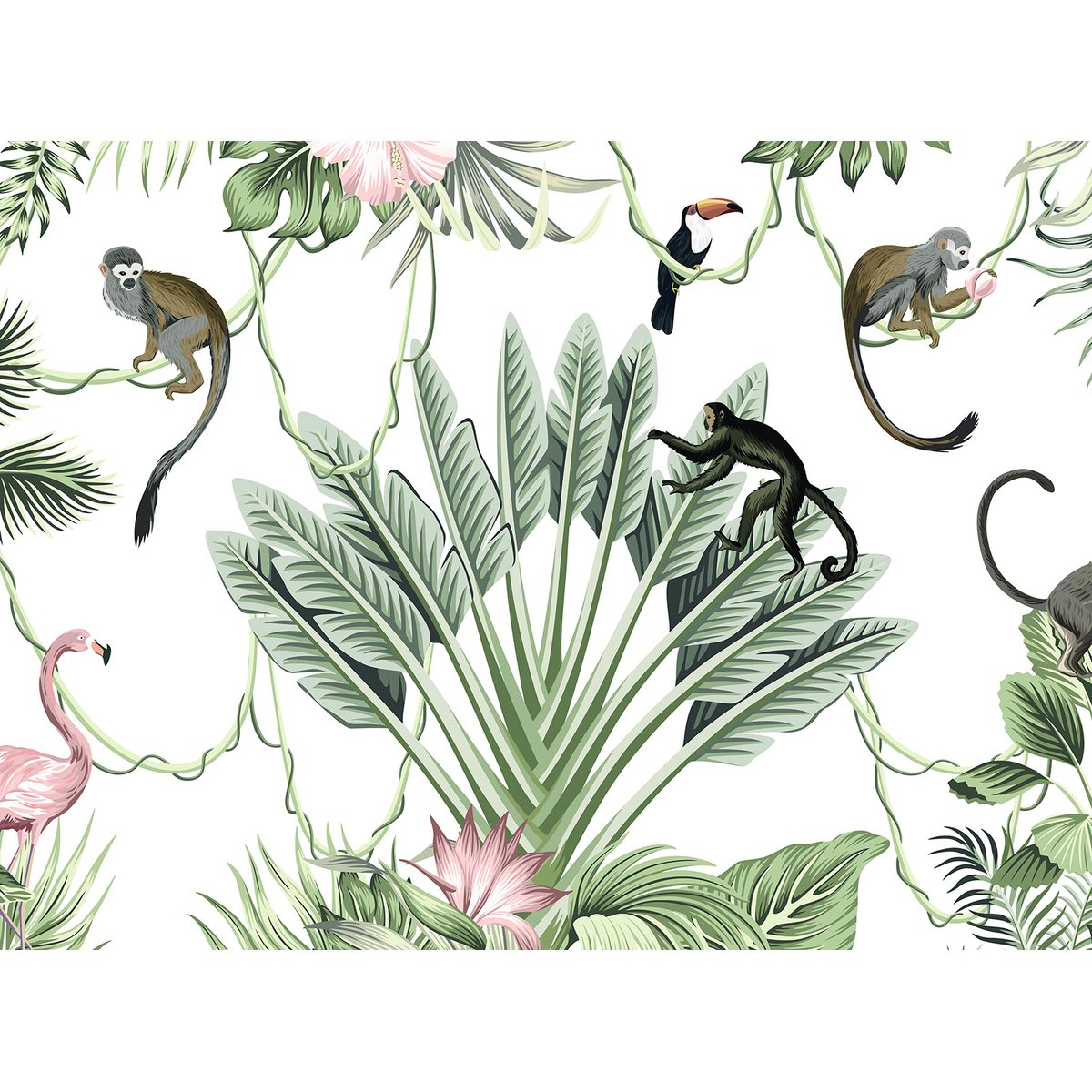 Papier peint panoramique singes et flamants tropicaux intissé, HEXOA
