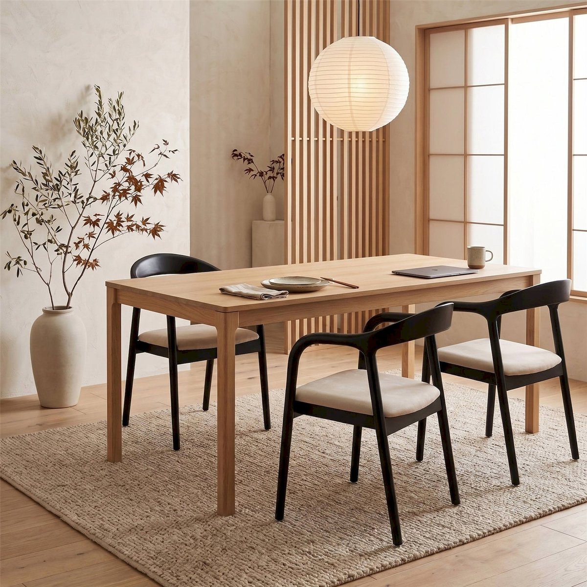 Chaise de salle à manger en bois tapissée beige et noir velours, RECOLLECTION