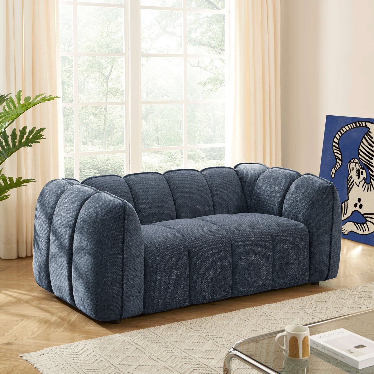 Canapé droit 2 places en tissu MATILDA bleu, SORELH