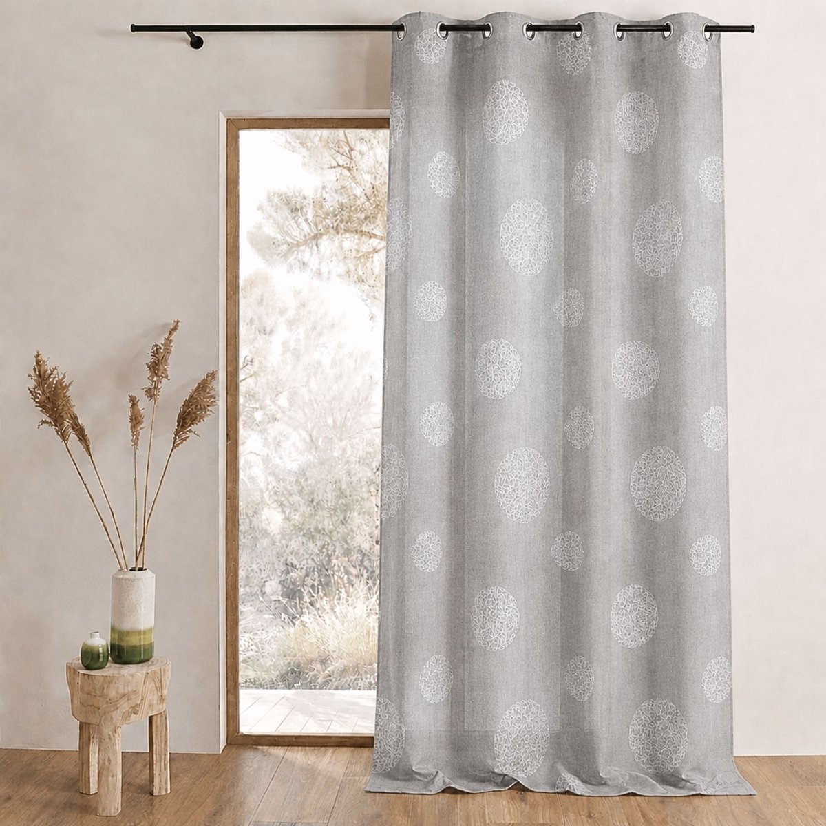 Voilage brodé à motifs de gros ronds en fils fil textile gris clair, HOME MAISON