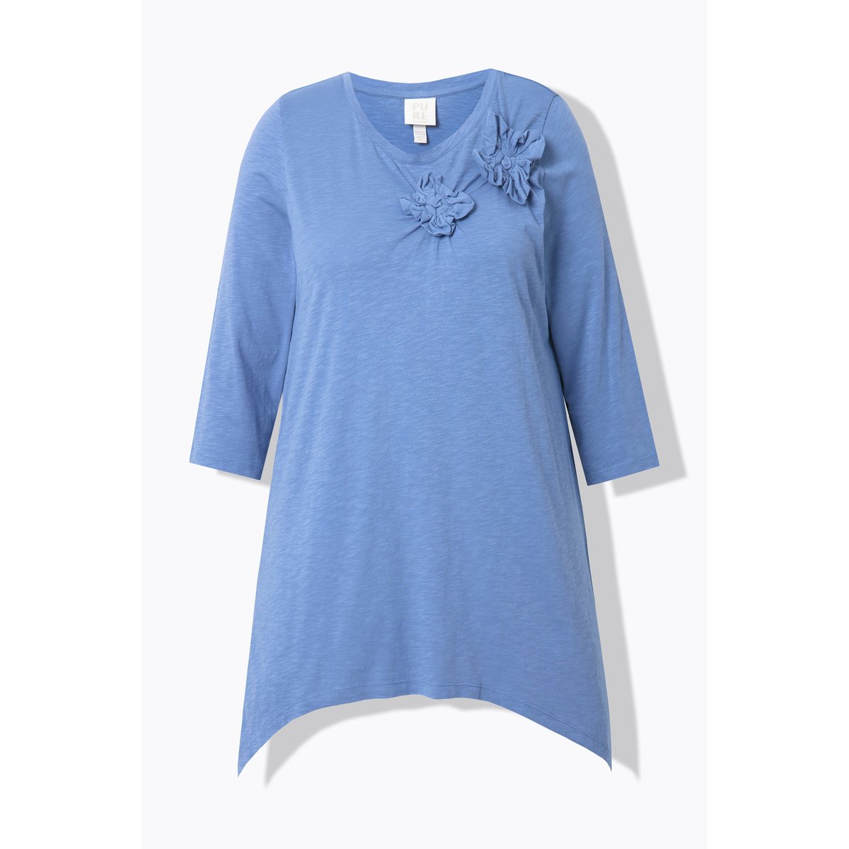Chemise, fleurs 3D, col rond, manches 3/4 bleuet clair, ULLA POPKEN