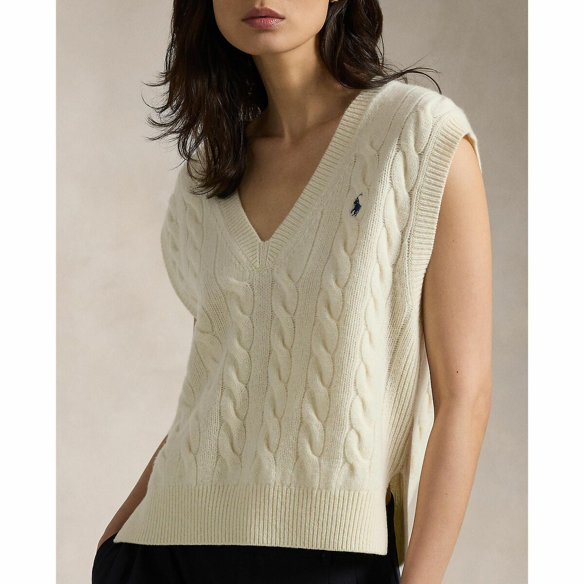 Pull sans manches col v logo poitrine crème, POLO RALPH LAUREN