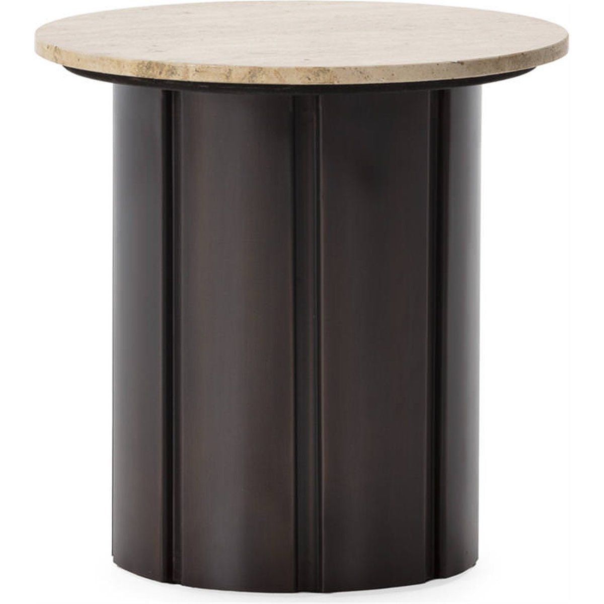 Table à café ronde en travertin et métal bronze vieilli et crème, RECOLLECTION
