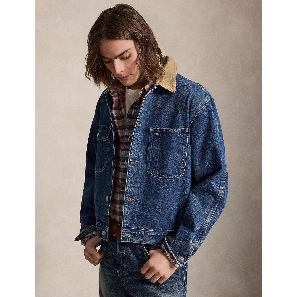 Veste en denim à col en velours côtelé bleu, POLO RALPH LAUREN