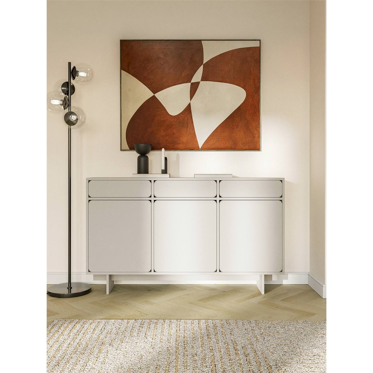 Buffet bas 3 portes 3 tiroirs collection WUWU gris beige sable, RECOLLECTION