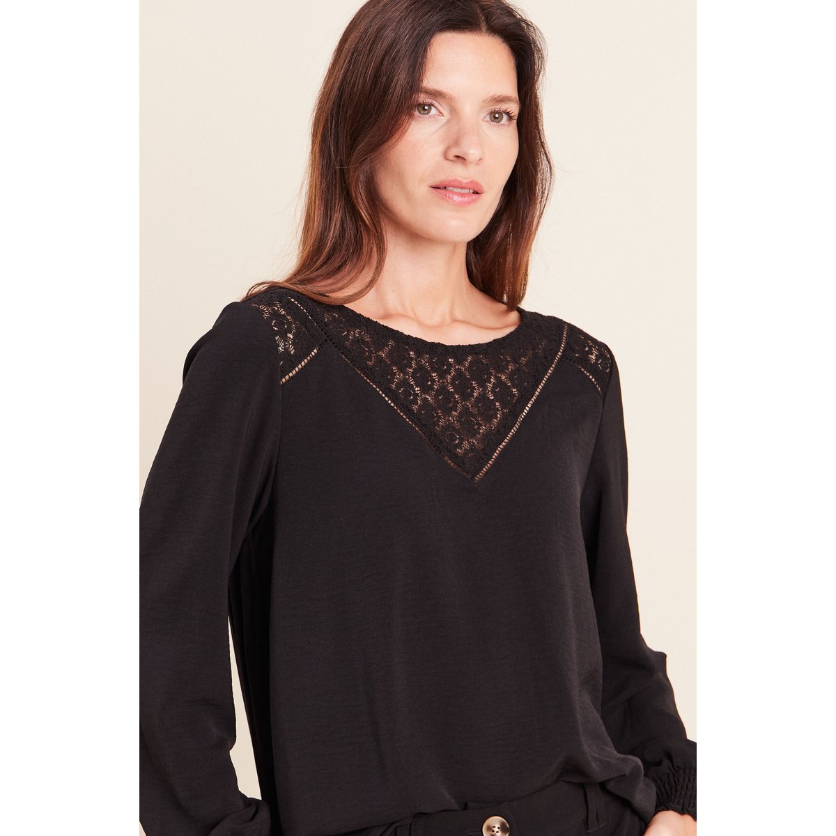 Blouse droite manches longues dentelle noir, BREAL