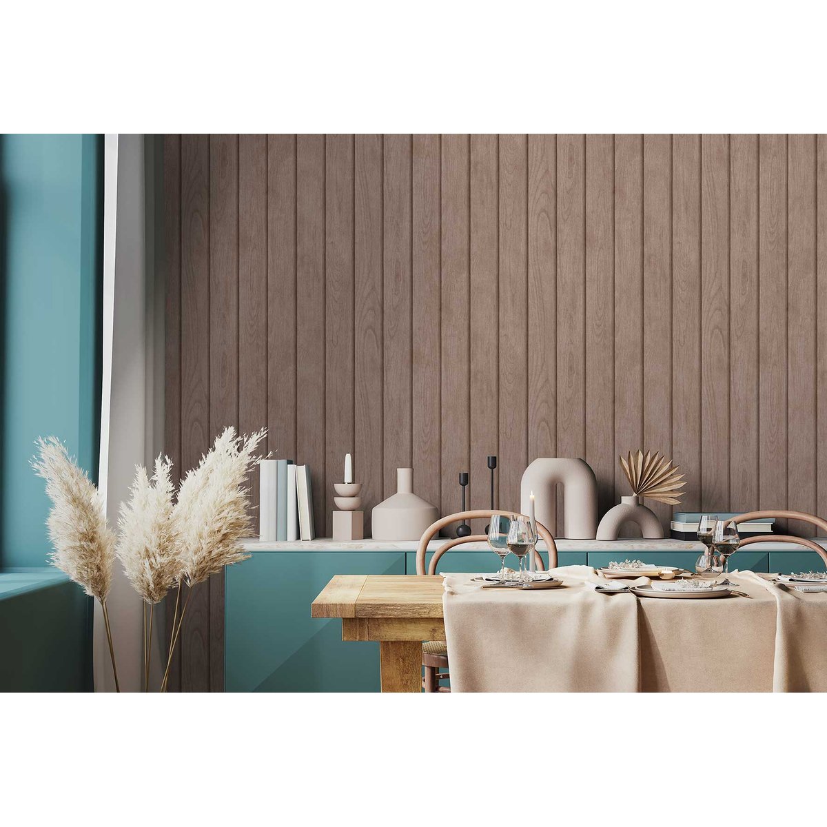 Papier peint lambris bois vertical taupe rosé beige, HEXOA