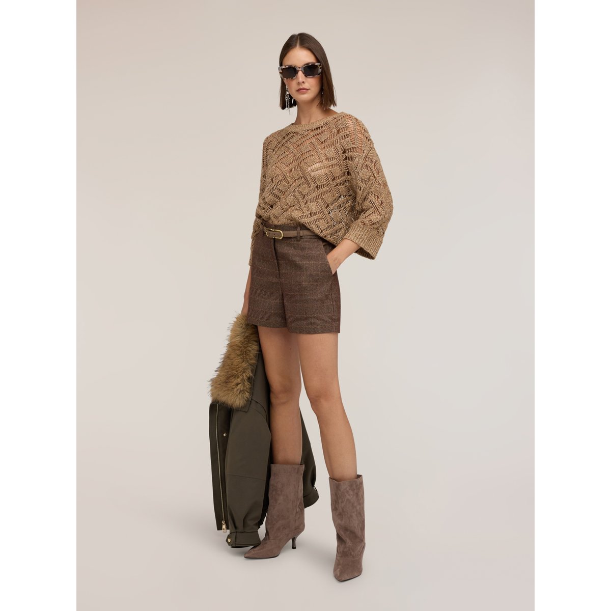 Short taille haute motif carreaux marron, MOTIVI